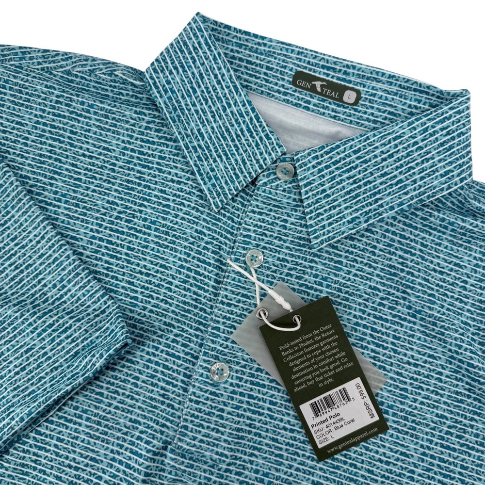 GenTeal Mens Printed Polo Blue Coral Short Sleeve Performance Golf Shirt L NEW